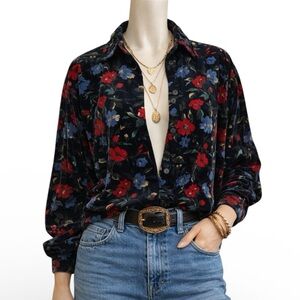 Vintage velveteen floral blouse - CAPACITY Knits - black red blue - medium